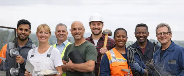 Een groep vakmensen in werkkleding: installateurs, bouwvakkers en een loodgieter